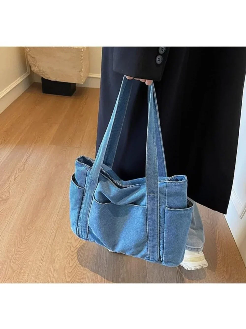 Stylish Light Blue Denim Tote Bag, Multi-Pocket Canvas Handbag for Women